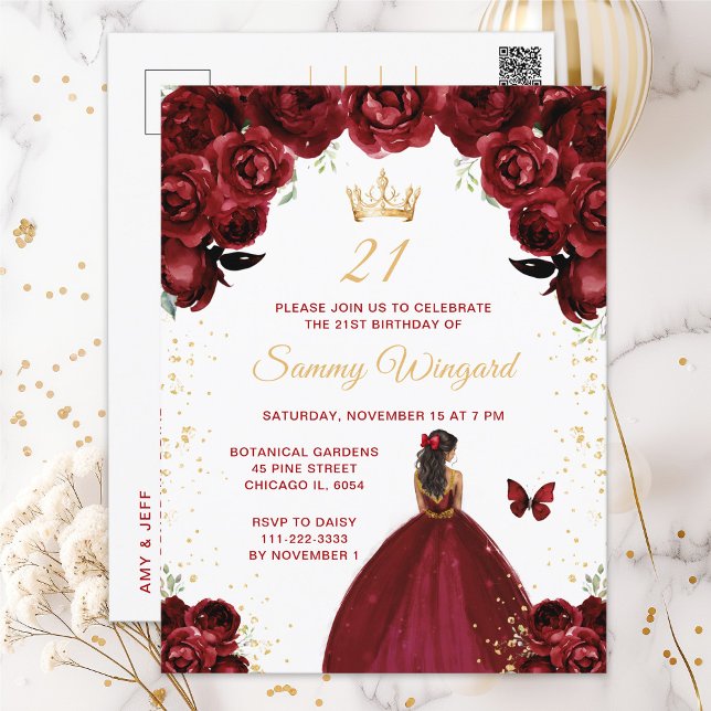Postal Fiesta de Cumpleaños de Princesa Piel Oscura Rojo  (Subido por el creador)