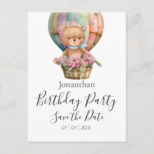 Postal Fiesta de cumpleaños de Teddy Bear Save the Date (Anverso)