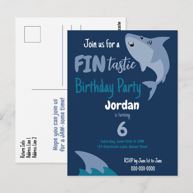 Postal Fiesta de cumpleaños de tiburones Fin-tástica niño (Anverso / Reverso)