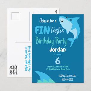 Postal Fiesta de cumpleaños de tiburones Fin-tástica niño