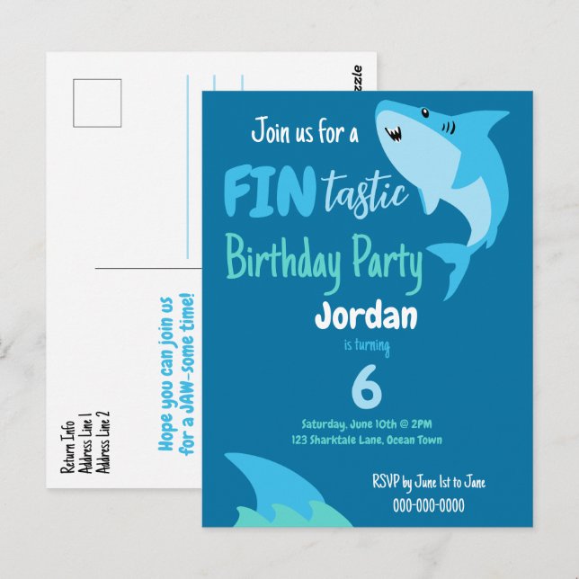 Postal Fiesta de cumpleaños de tiburones Fin-tástica niño (Anverso / Reverso)