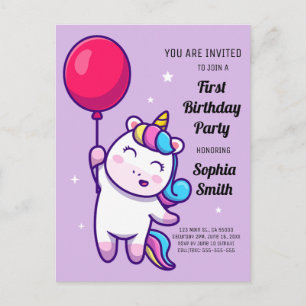 Postal Fiesta de Cumpleaños de Unicornio Arcoíris Adorabl