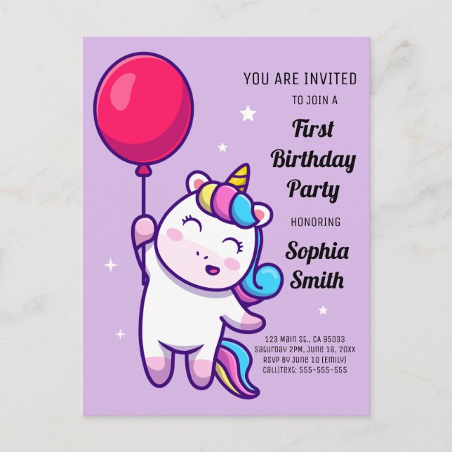 Postal Fiesta de Cumpleaños de Unicornio Arcoíris Adorabl (Anverso)