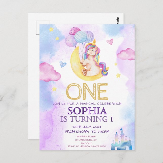 Postal Fiesta de Cumpleaños de Unicornios Mágicos con Acu (Anverso / Reverso)