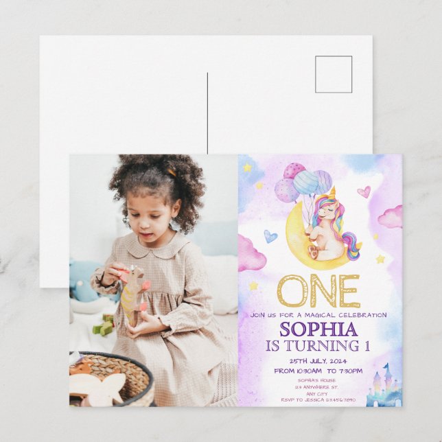 Postal Fiesta de Cumpleaños de Unicornios Mágicos con Acu (Anverso / Reverso)