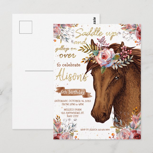 Postal Fiesta de cumpleaños de vaquera con caballo editab (Anverso / Reverso)