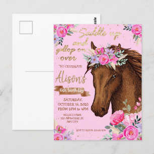 Postal Fiesta de Cumpleaños de Vaquera con Caballo Rosa