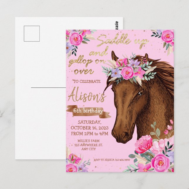 Postal Fiesta de Cumpleaños de Vaquera con Caballo Rosa (Anverso / Reverso)