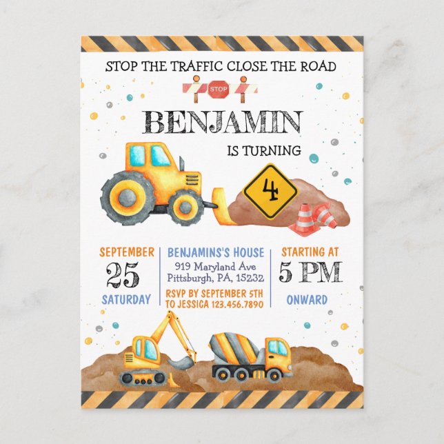 Postal Fiesta de Cumpleaños de Vehículos de Construcción  (Anverso)