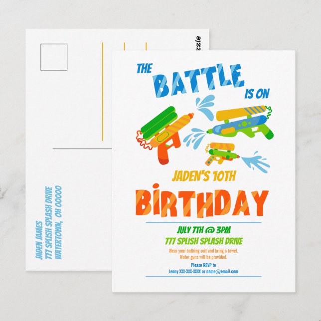 Postal Fiesta de Cumpleaños de Verano para Niños con Pist (Anverso / Reverso)