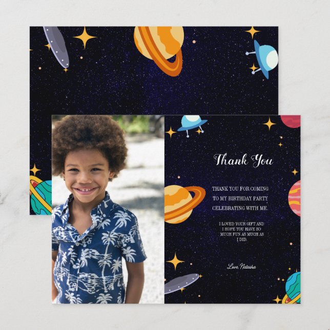 Postal fiesta de cumpleaños del espacio fotográfico azul, (Anverso / Reverso)