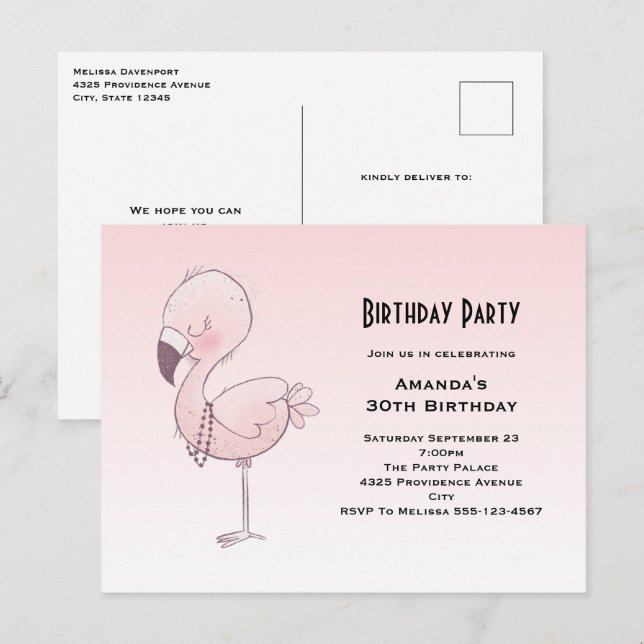 Postal Fiesta de cumpleaños del Ilustracion Flamingo Rosa (Anverso / Reverso)