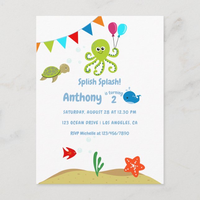 Postal Fiesta de cumpleaños del niño bajo el mar (Anverso)