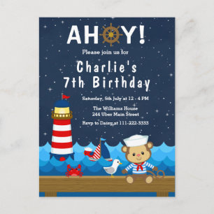 Postal Fiesta de cumpleaños del niño náutico rojo y azul 
