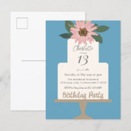 Postal Fiesta de cumpleaños del pastel de flores rosadas