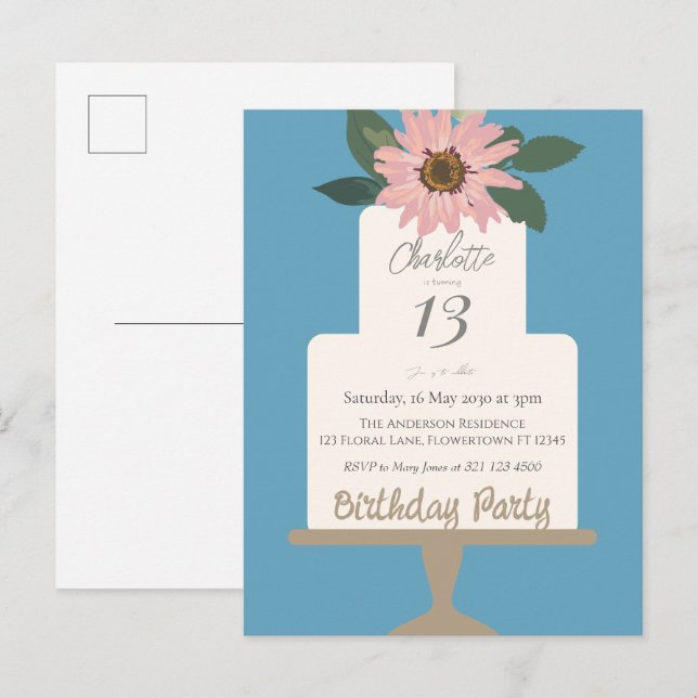 Postal Fiesta de cumpleaños del pastel de flores rosadas (Anverso / Reverso)