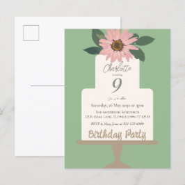 Postal Fiesta de cumpleaños del pastel de flores rosadas