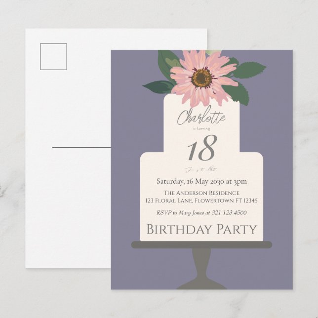 Postal Fiesta de cumpleaños del pastel de flores rosadas (Anverso / Reverso)