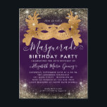 Postal Fiesta de cumpleaños del Purpurina de oro púrpura<br><div class="desc">Moderna Mascarada de Glam Lavanda Violeta Morada Plum Purpurina de oro Esparkle Polvo Invitación a fiesta de cumpleaños</div>