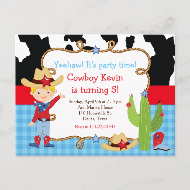 Postal Fiesta de cumpleaños del vaquero occidental rubio (Anverso)
