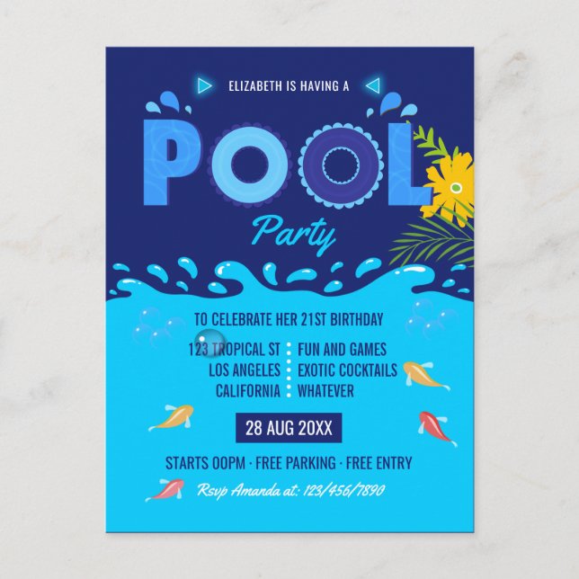 Postal Fiesta de Cumpleaños en Piscina de Verano Azul Rea (Anverso)