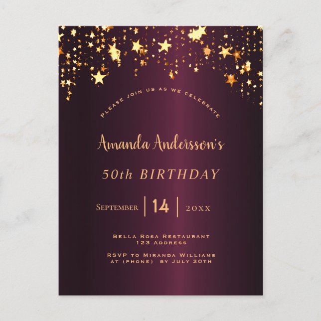 Postal Fiesta de cumpleaños estrellas de oro de Borgoña g (Anverso)