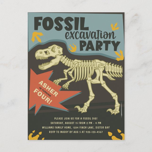 Postal Fiesta de Cumpleaños Excavación de Dinosaurios Fós (Anverso)