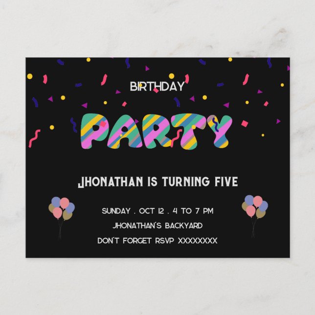 Postal Fiesta de cumpleaños genial para niños (Anverso)