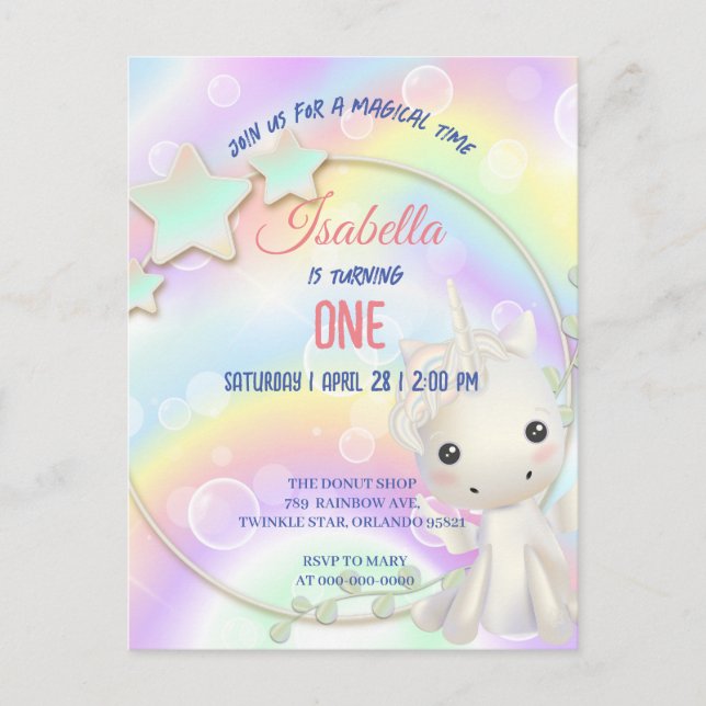 Postal Fiesta de Cumpleaños Infantil Arcoíris Unicornio L (Anverso)