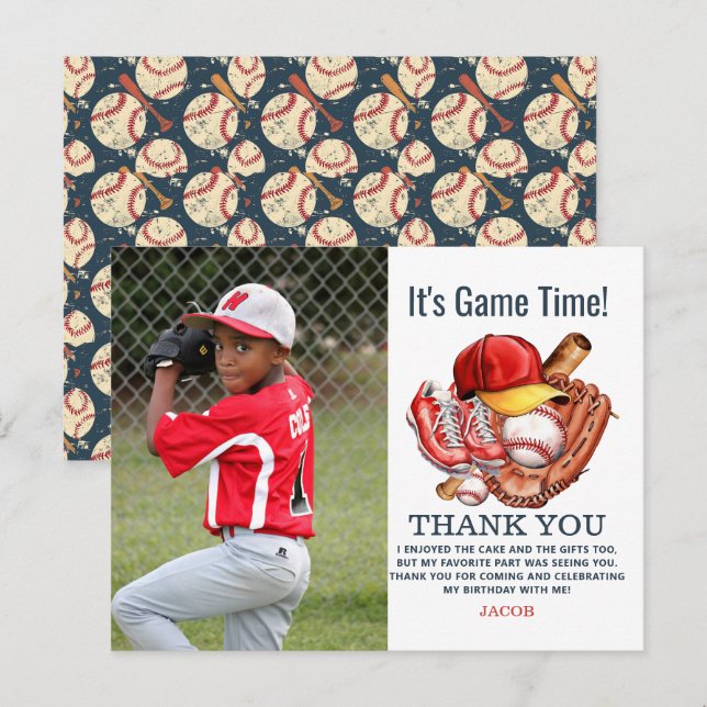 Postal Fiesta de Cumpleaños Infantil de Béisbol Azul Mari (Anverso / Reverso)