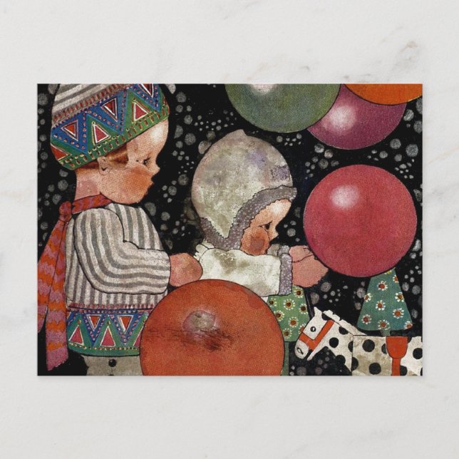 Postal Fiesta de cumpleaños infantil vintage, globos y ju (Anverso)