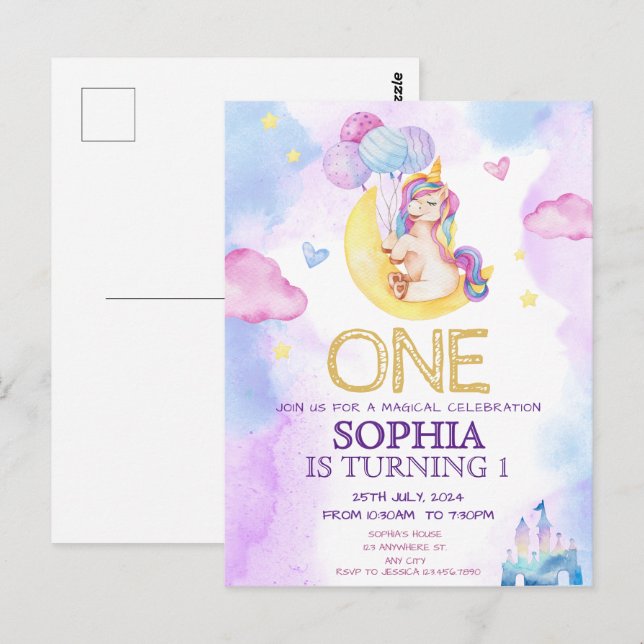 Postal Fiesta de Cumpleaños Magia Unicornios Acuarela Púr (Anverso / Reverso)