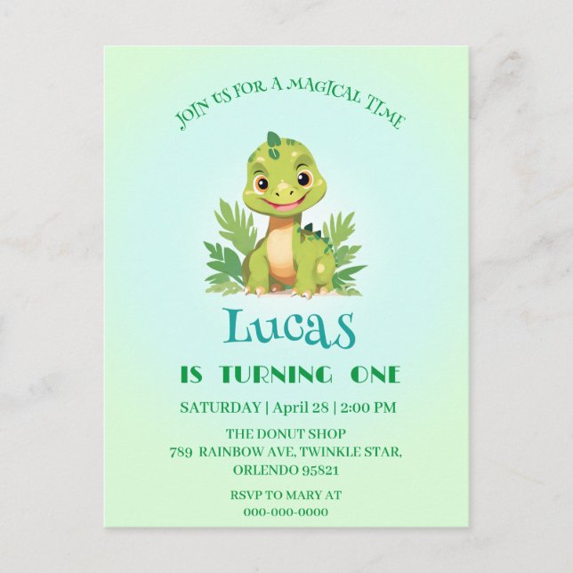 Postal Fiesta de cumpleaños niños dinosaurios lindos selv (Anverso)