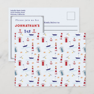 Postal Fiesta de cumpleaños número 1 con patrón de faro n