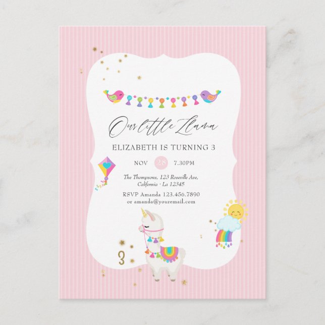 Postal Fiesta de cumpleaños número 3 de Llama Moderna (Anverso)