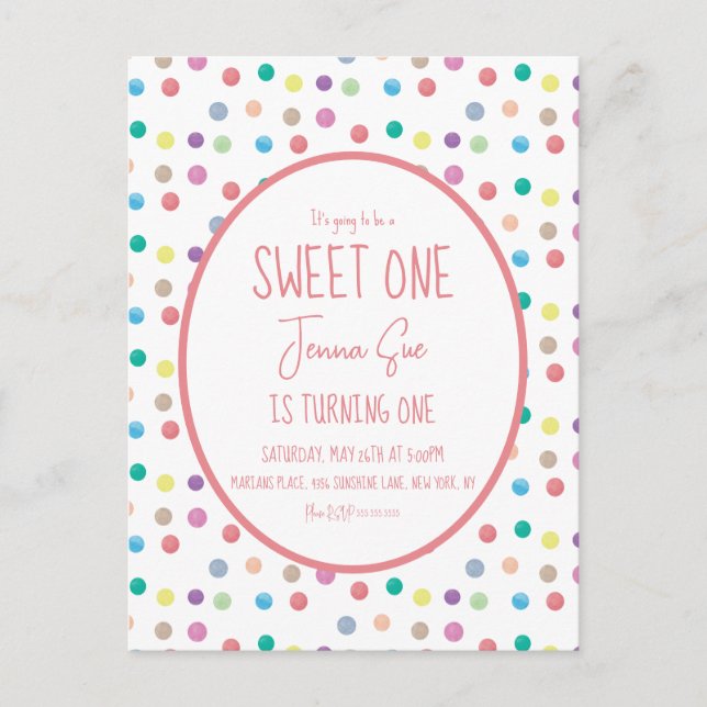 Postal Fiesta de cumpleaños número uno con acuarela de pu (Anverso)