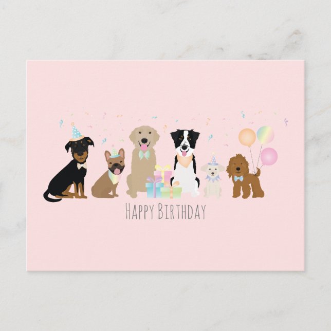 Postal Fiesta de Cumpleaños Perros Rosa Feliz (Anverso)