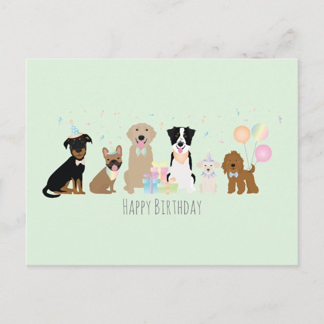 Postal Fiesta de Cumpleaños Perros Verdes Felices (Anverso)