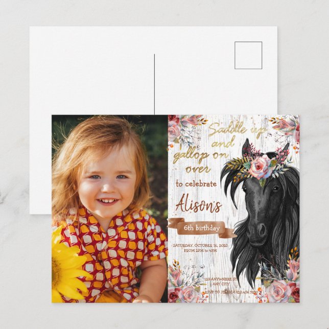 Postal Fiesta de cumpleaños rosa lindo caballo (Anverso / Reverso)