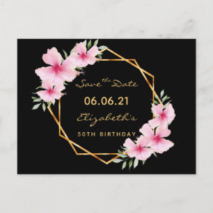 Postal Fiesta de cumpleaños Save the Date oro negro tropi