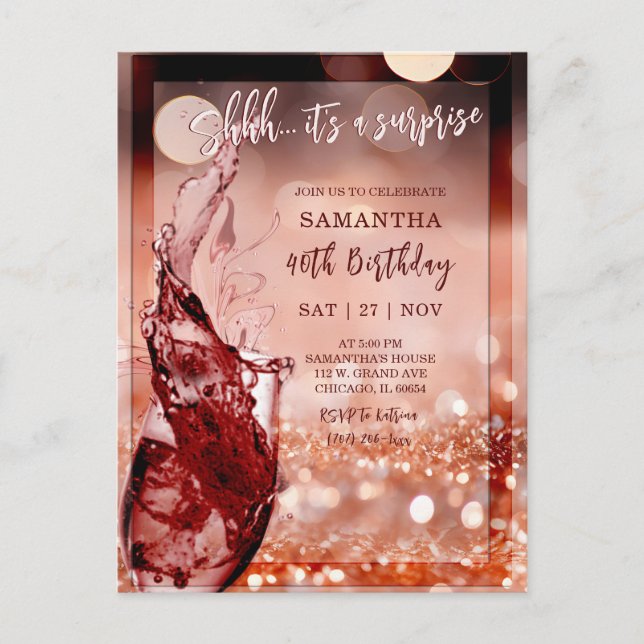 Postal Fiesta de cumpleaños sorpresa Rose Gold (Anverso)