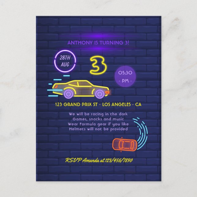 Postal Fiesta de cumpleaños temática de coche de carreras (Anverso)