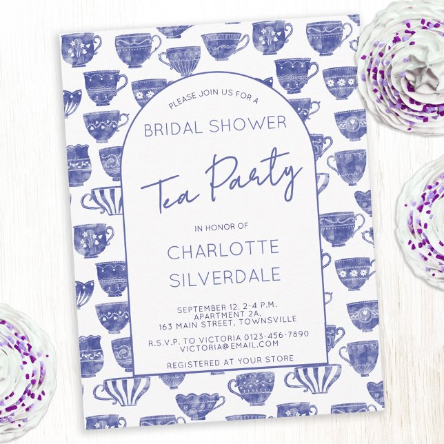 Postal Fiesta de Despedida de Soltera con Taza de Té Acua (Antique vintage teacup watercolor blue pattern tea party bridal shower invitation postcard)