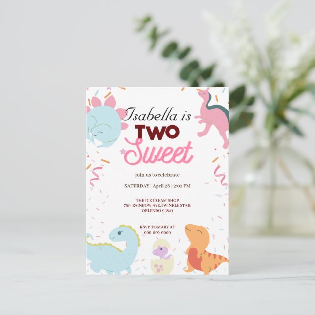 Postal Fiesta de Dinos Dinosaurios Lindos Dos Cumpleaños  (Anverso de pie)