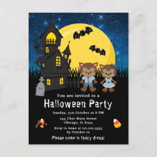 Postal Fiesta de Disfraces de Halloween Hombre Lobo Azul