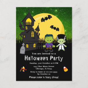 Postal Fiesta de Disfraces de Halloween Monstruos Verdes