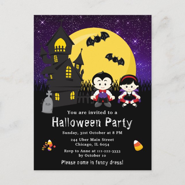 Postal Fiesta de Disfraces de Halloween Vampiros Morado (Anverso)