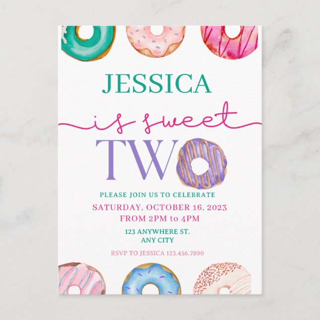 Postal Fiesta de Donas Adorable Cumpleaños dulce dos 2do  (Anverso)