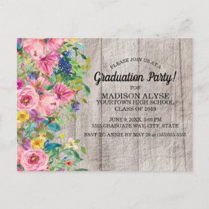 Postal Fiesta de Graduación Floral Acuarela Rosa Azul Rús