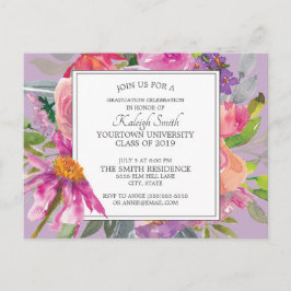 Postal Fiesta de graduación floral con acuarela rosa púrp